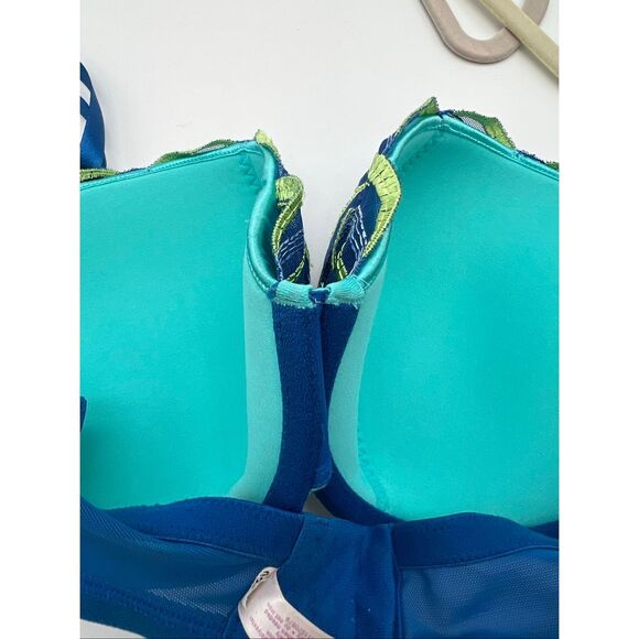CACIQUE Intimates Bra Size 38DD Blue Green Push Up Embroidered Leaf w/ Underwire - Picture 7 of 10